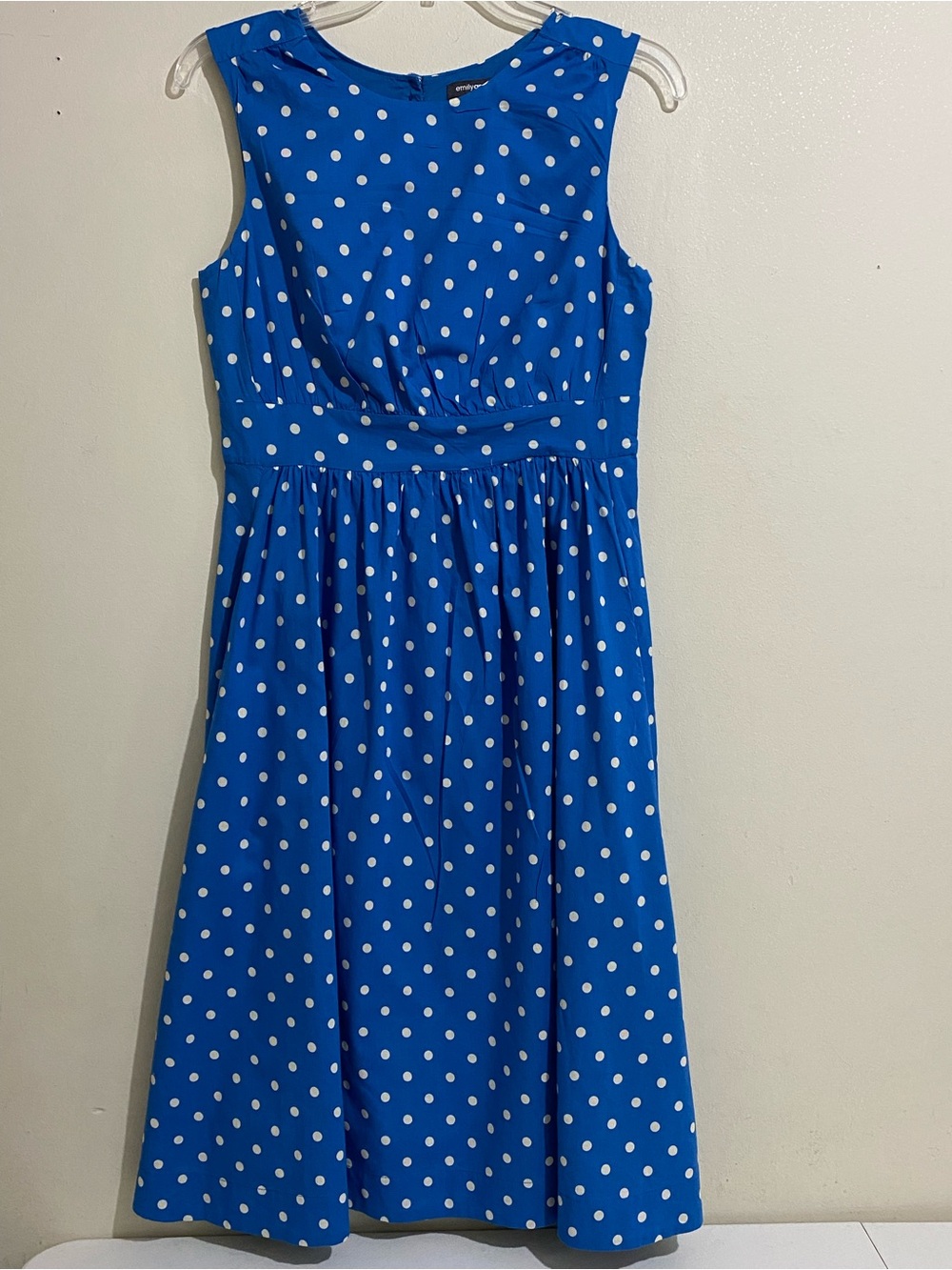 Emily and Fin Women’s S Blue Polka Dot Sleeveless Dress with Gathered Waist